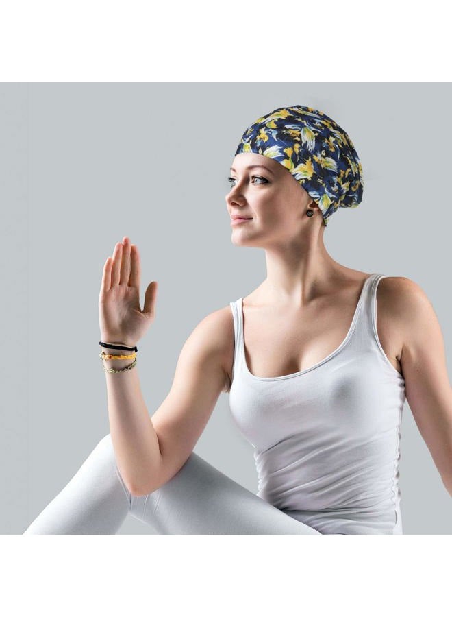4 Pcs Women's Chemo Hat Slouchy Beanie Cancer Headwear Head Wraps Sleeping Turban Hats Head Scarf for Cancer Patient(Orange, Blue Leaves, Orange Grid, Black Spiral)