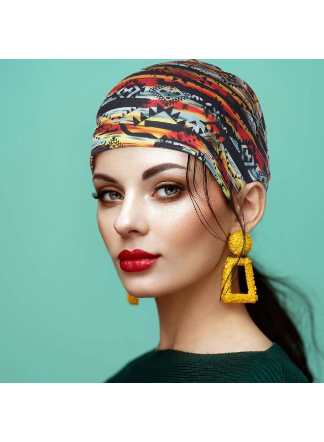 4 Pcs Women's Chemo Hat Slouchy Beanie Cancer Headwear Head Wraps Sleeping Turban Hats Head Scarf for Cancer Patient(Orange, Blue Leaves, Orange Grid, Black Spiral)