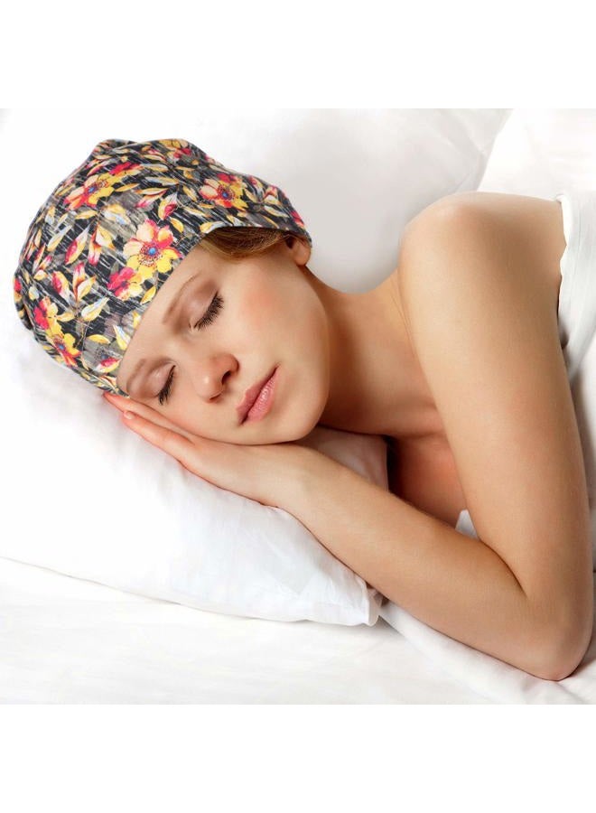 4 Pcs Women's Chemo Hat Slouchy Beanie Cancer Headwear Head Wraps Sleeping Turban Hats Head Scarf for Cancer Patient(Orange, Blue Leaves, Orange Grid, Black Spiral)