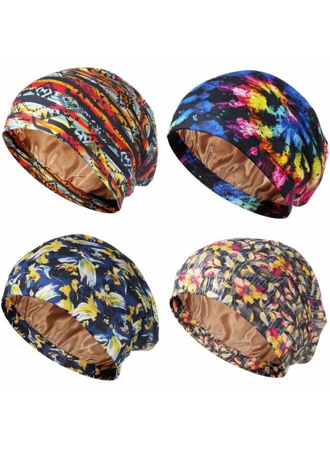 4 Pcs Women's Chemo Hat Slouchy Beanie Cancer Headwear Head Wraps Sleeping Turban Hats Head Scarf for Cancer Patient(Orange, Blue Leaves, Orange Grid, Black Spiral)