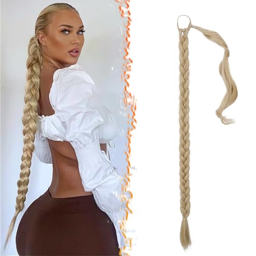 BARSDAR 30 Inch Long Braided Ponytail Extension - Straight Wrap Around Blonde Braid Ponytail Hair Extensions with Hair Tie - Synthetic Pony Tails Hairpieces for Women - Blonde Mixed - Image 1