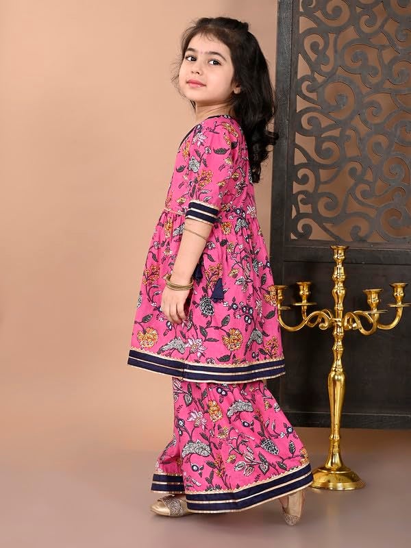 superminis Girls Cotton Floral Printed Gota Patti Work Half Sleeves Kurti and Sharara (2-3 Years, Pink) - Image 4