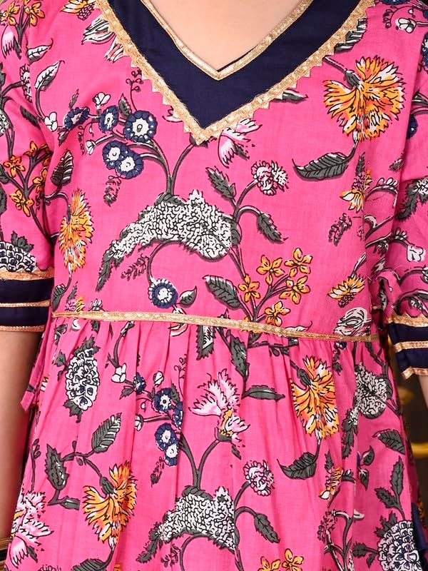 superminis Girls Cotton Floral Printed Gota Patti Work Half Sleeves Kurti and Sharara (2-3 Years, Pink) - Image 3