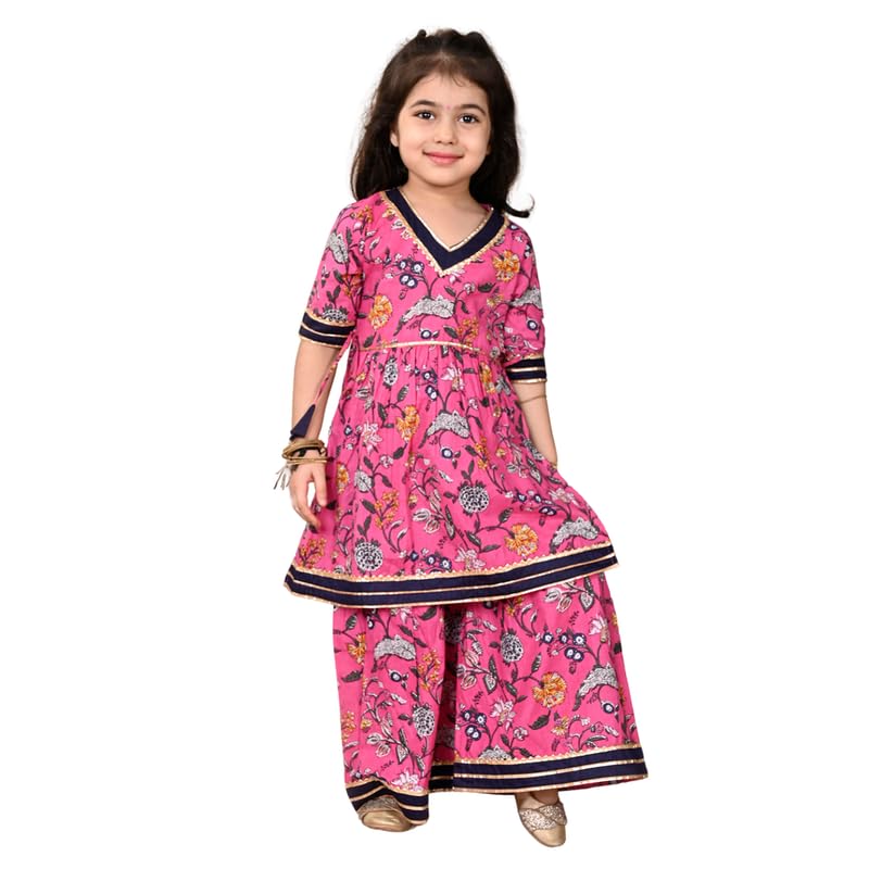 superminis Girls Cotton Floral Printed Gota Patti Work Half Sleeves Kurti and Sharara (2-3 Years, Pink) - Image 1