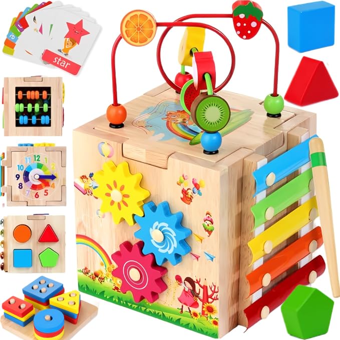 Batlofty Wooden Activity Cube 8in1 Montessori Toys for 1 2 Year Old Girl Boy Toddler Sensory Educational Learning Toys 1218 Months 1st Birthday Gifts Bead Maze Bonus Sorting Stacking Board - Image 1
