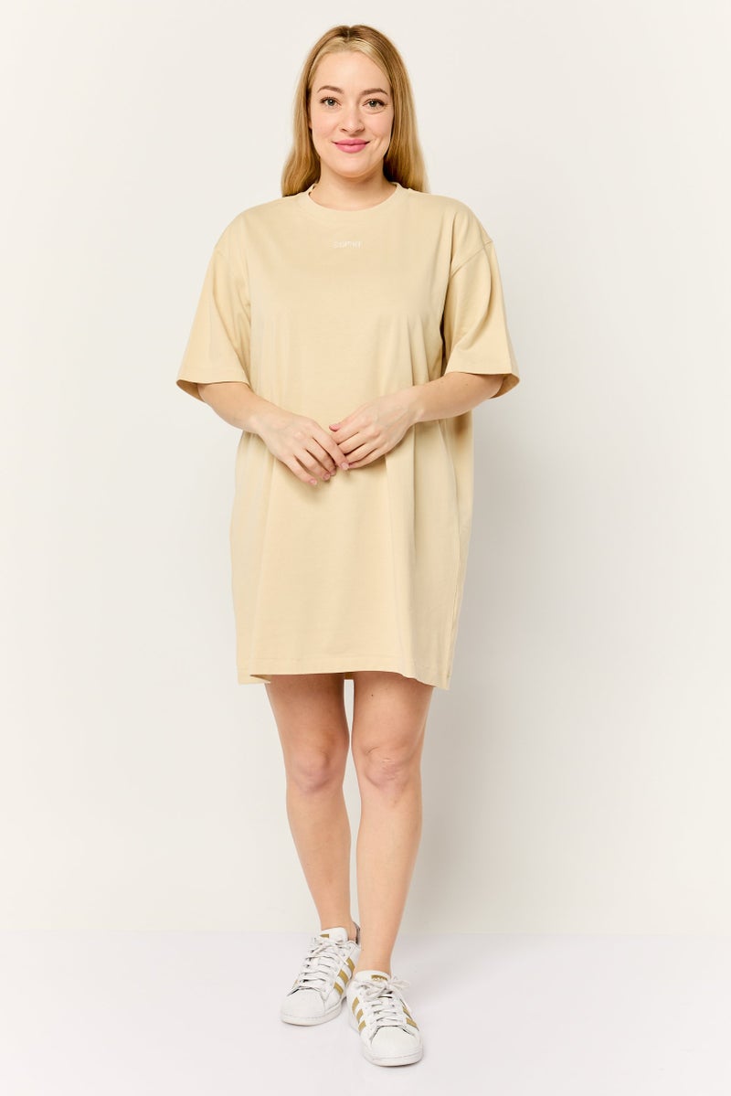 ESPRIT فستان قميص مزين بشعار للنساء، بيج - Image 3