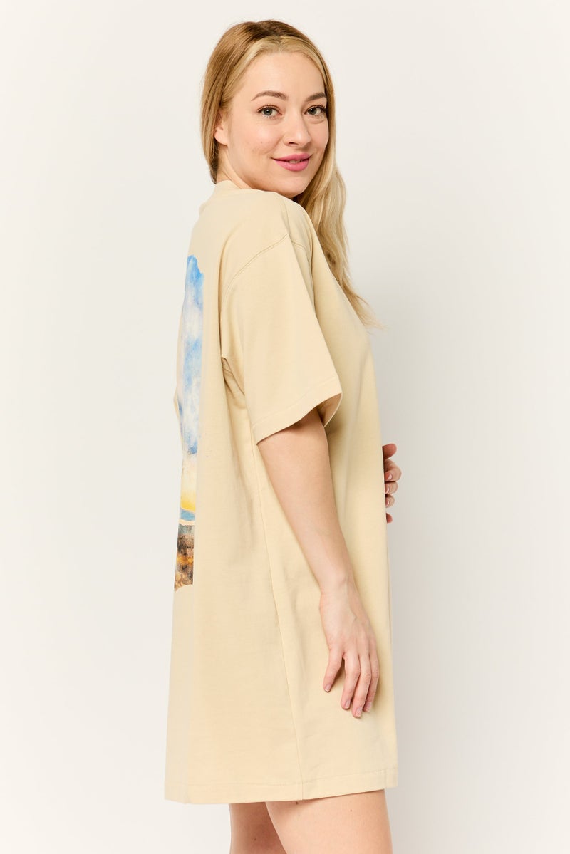 ESPRIT فستان قميص مزين بشعار للنساء، بيج - Image 2