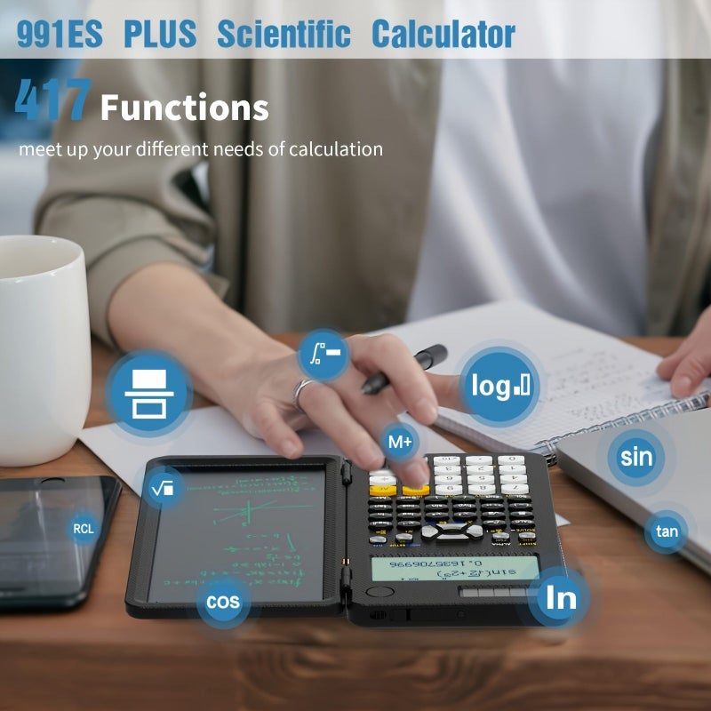 Upgraded 991ES Plus Desktop Scientific Calculator Multi View 4 Line Display With Erasable LCD Writing Board Solar Powered Commercial Notepad Bilingual Notes Black - Image 4