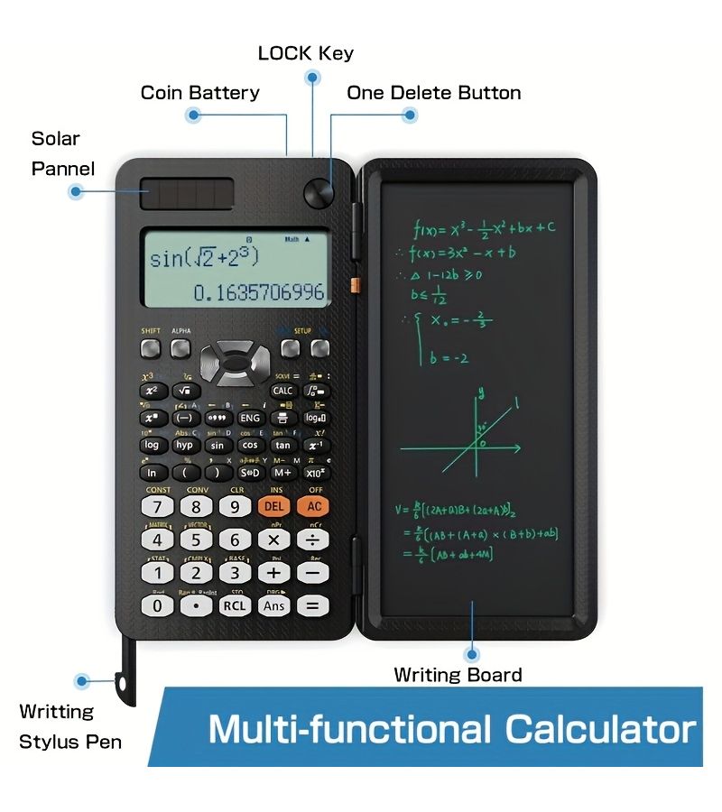 Upgraded 991ES Plus Desktop Scientific Calculator Multi View 4 Line Display With Erasable LCD Writing Board Solar Powered Commercial Notepad Bilingual Notes Black - Image 3