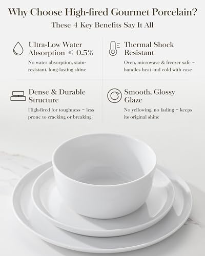 MALACASA 24 Pieces Gourmet Porcelain Dinnerware Sets, Premium Plates and Bowls Set, High-Fired Ceramic Dishes Set for 8, Chip & Scratch Resistant, Microwave Dishwasher Safe, White, Series LEXI - Image 5