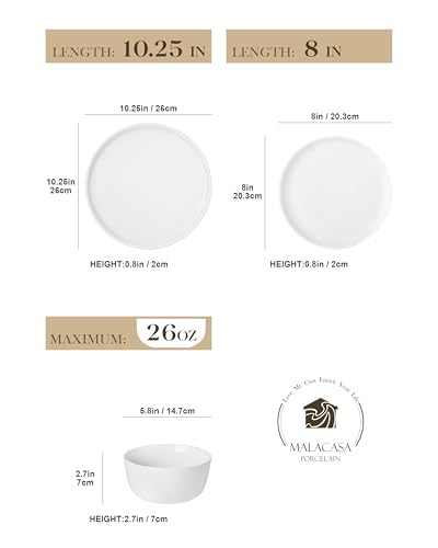 MALACASA 24 Pieces Gourmet Porcelain Dinnerware Sets, Premium Plates and Bowls Set, High-Fired Ceramic Dishes Set for 8, Chip & Scratch Resistant, Microwave Dishwasher Safe, White, Series LEXI - Image 2