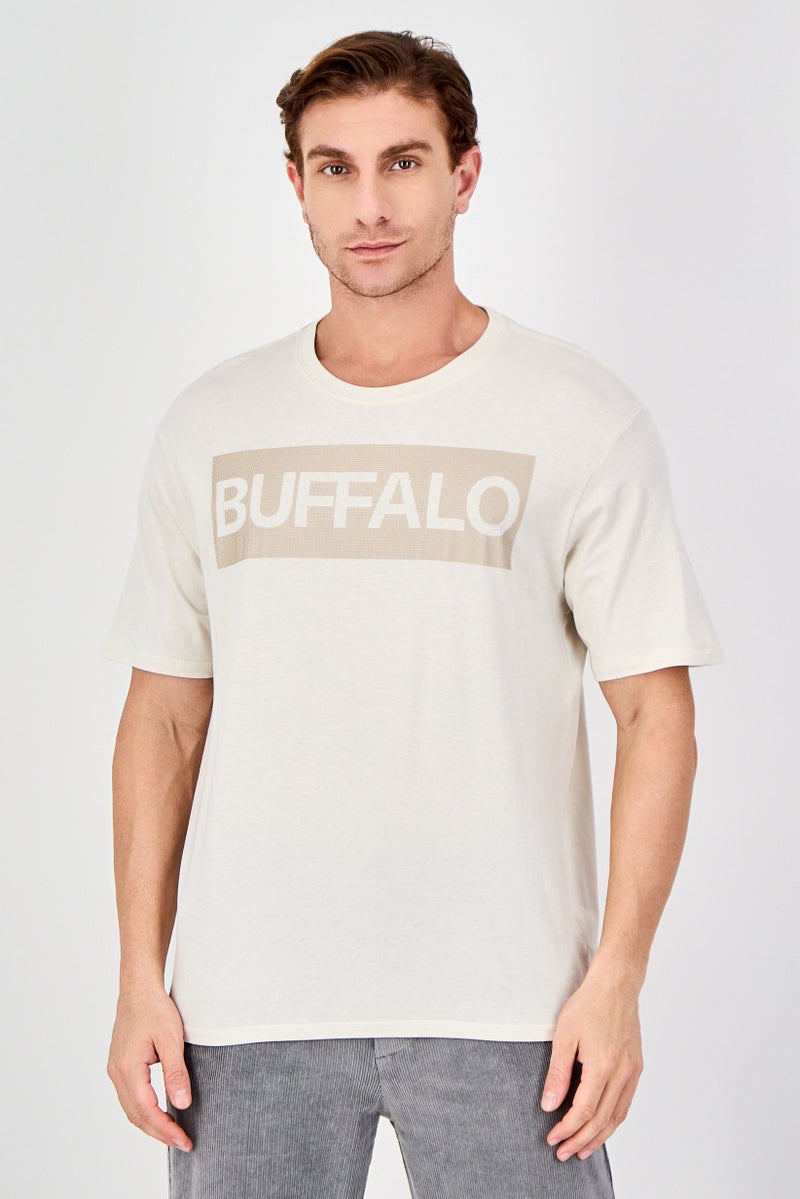 Buffalo Men Crew Neck Short Sleeve Brand Logo T-Shirt, Beige - Image 1
