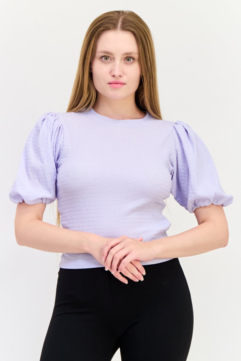 ONLY Women Crew Neck Short Sleeve Textured Blouse, Lavender  - Image 1