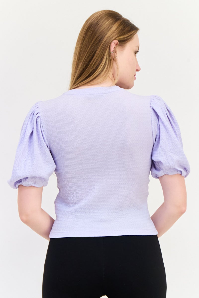 ONLY Women Crew Neck Short Sleeve Textured Blouse, Lavender  - Image 4