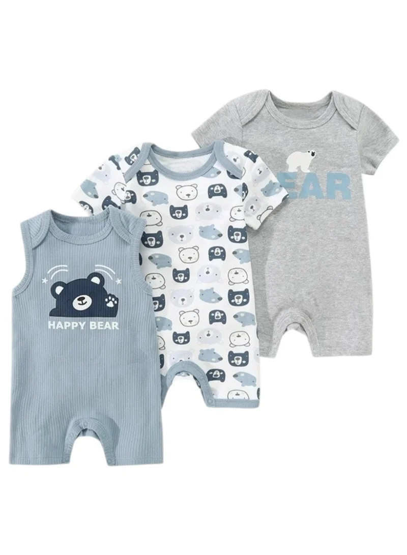 بامبيميسي Baby  Cotton Rhappy Bear Bodysuit Short Sleeve  – 3-Piece Newborn Outfit