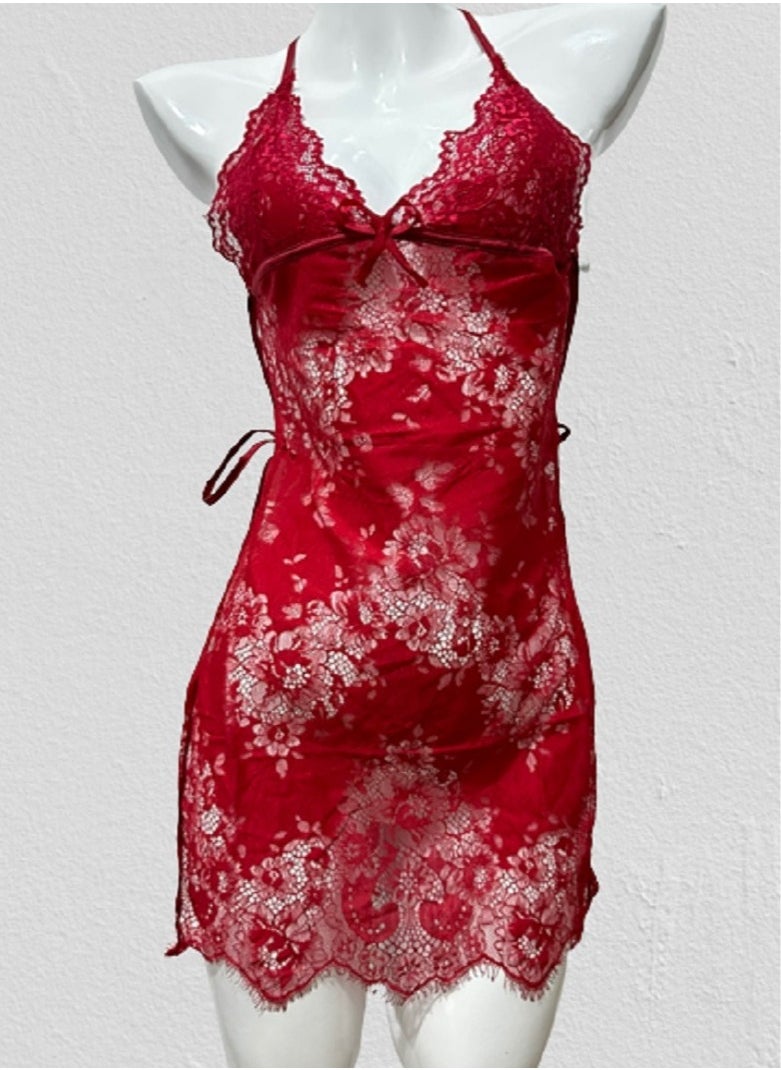 Joychic Women Backless Lace Detail Nightdress Wine Red 