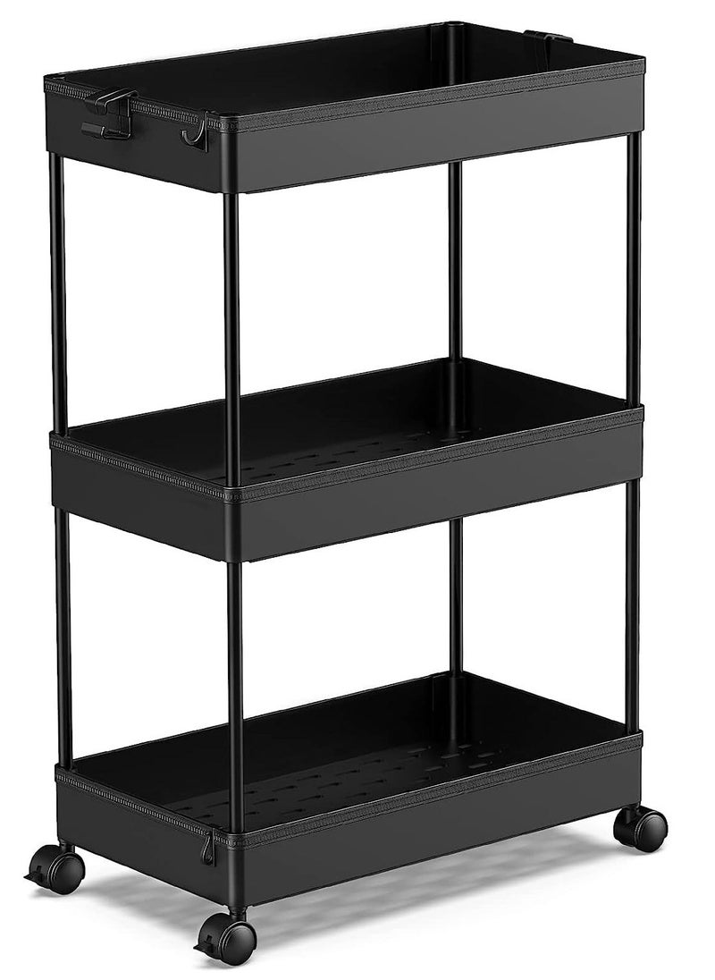 Juud Juud 3-Tier Rolling Storage Cart with Wheels Slim Plastic Utility Shelf Organizer for Kitchen Bathroom Office & Narrow Spaces Movable Trolley with Hooks Drainage Shelves Easy Assembly for Multipurpose Use  - Image 1