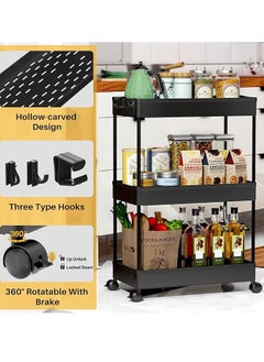 Juud Juud 3-Tier Rolling Storage Cart with Wheels Slim Plastic Utility Shelf Organizer for Kitchen Bathroom Office & Narrow Spaces Movable Trolley with Hooks Drainage Shelves Easy Assembly for Multipurpose Use  - Image 5
