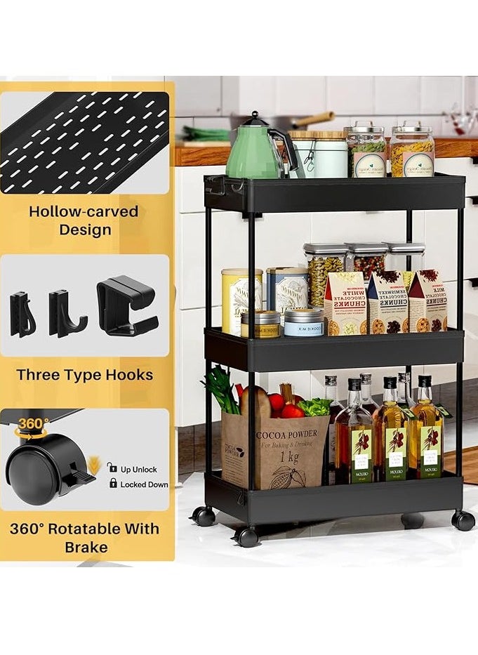 Juud Juud 3-Tier Rolling Storage Cart with Wheels Slim Plastic Utility Shelf Organizer for Kitchen Bathroom Office & Narrow Spaces Movable Trolley with Hooks Drainage Shelves Easy Assembly for Multipurpose Use  - Image 5