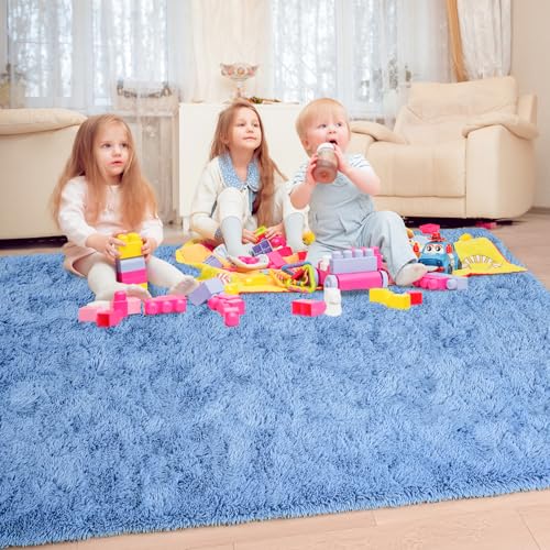 Keeko Fluffy Blue Area Rugs for Bedroom Kids Room, 4x5.3 Cute Shag Fuzzy Baby Rugs Living Room Ultra Soft Furry Carpet Indoor Bedside Rug for Teen Boys Girls Nursery Dorm Decor - Image 3