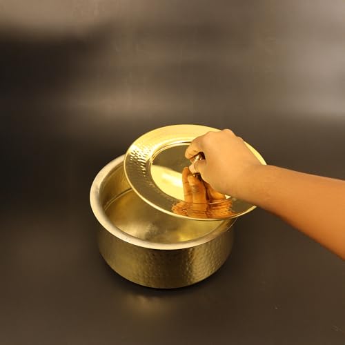 Spillbox Putrika Brass Kitchen Appliances Cooking Serving Pot Pan|Biryani Handi|Urli|Serveware|Tope |Patila|Cookware Bowl|Cooking Bowl Set with Lid- Hammered Lagan (Medium) - Image 3