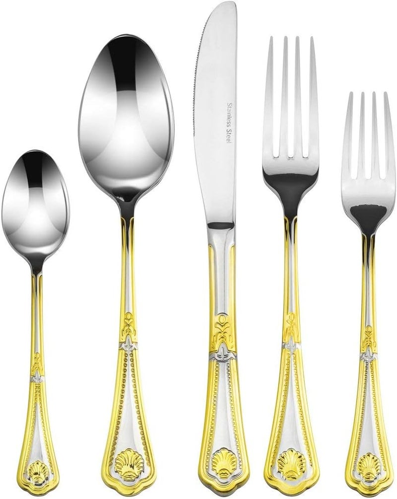 Italian Collection Italian Collection Seashell 20Piece Premium Surgical Stainless Steel Silverware Flatware Set 1810 Service for 4 24K GoldPlated Hostess Serving Set - Image 1
