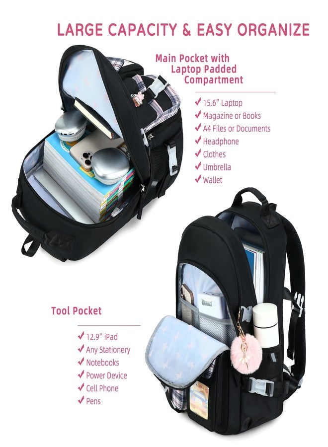 KIDNUO Backpack for Girls 15.6 Inch Laptop School Bag Kids Elementary College Backpacks Bookbags for Girls Teen Women Student, Black, Large, Laptop Backpack - Image 4