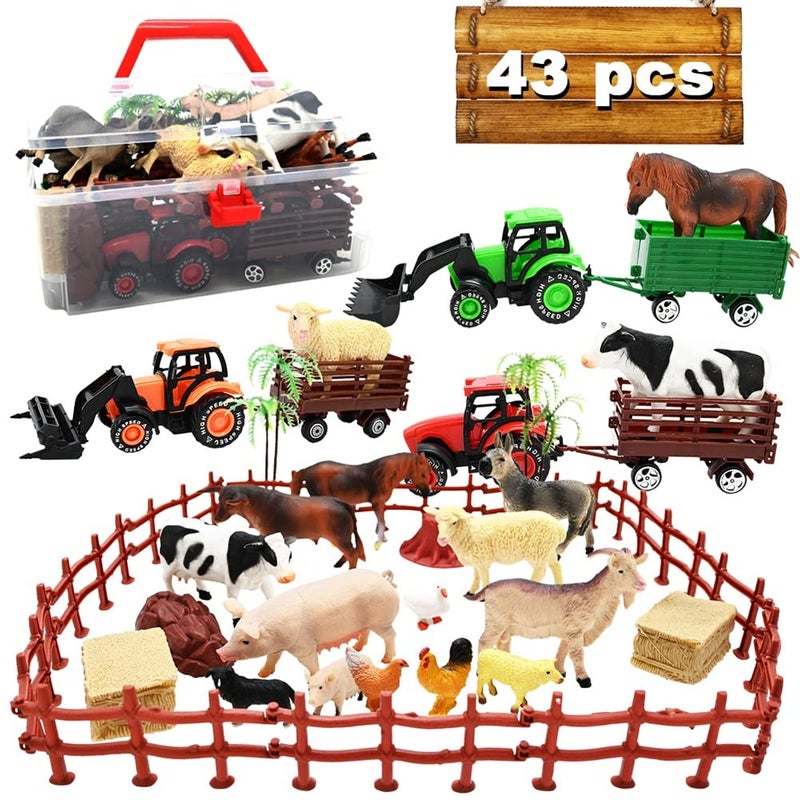 Kimicare 3 Pack Farm Toy Tractor with 40pcs Plastic Farm Animals Figurines and Fence Farm Playset Farm Figures Farmer Vehicle Toy Truck with Trailer Birthday Gifts Christmas Stocking Stuffers - Image 2