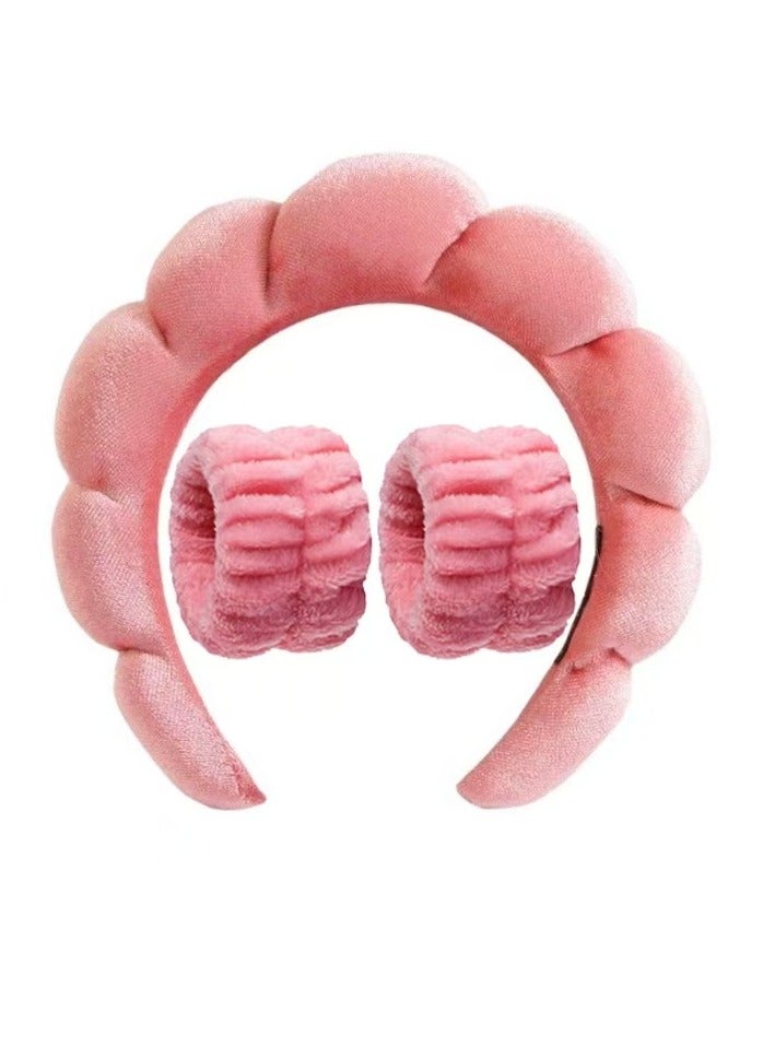 Generic Spa Headband For Washing Face Sponge Make Up Skincare Headband Bubble Hairband -Golden Velvet Watermelon Red  - Image 1
