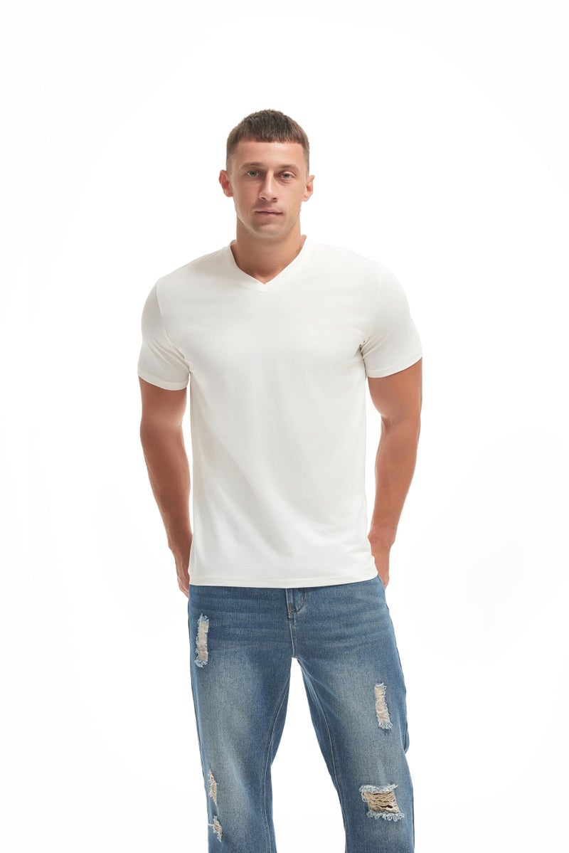 VEIISAR Premium V Neck T Shirts for Men - Modern Fitted Tees Vneck Undershirts V8 White M - Image 3