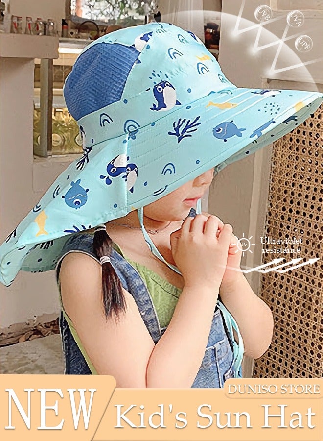 DUNISO Kids Sun Hat UPF 50+ Sun Protection Cap, Wide Brim Beach Hats with Mesh and Adjustable Chin Strap Cartoon Sun Hat for Boys Girls - Image 1
