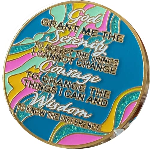 RecoveryChip 3 Month AA Medallion Elegant Marble Tahiti Teal Blue Pink and Aqua Glitter Gold Plated 90 Day Sobriety Chip - Image 2