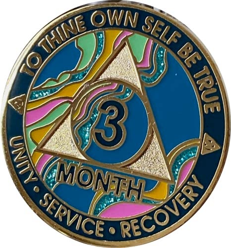 RecoveryChip 3 Month AA Medallion Elegant Marble Tahiti Teal Blue Pink and Aqua Glitter Gold Plated 90 Day Sobriety Chip - Image 4