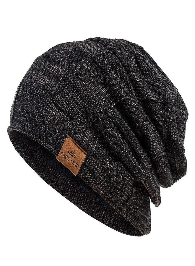 PAGE ONE Mens Winter Slouchy Beanie Warm Fleece Lined Skull Cap Baggy Cable Knit Hat Black - Image 1