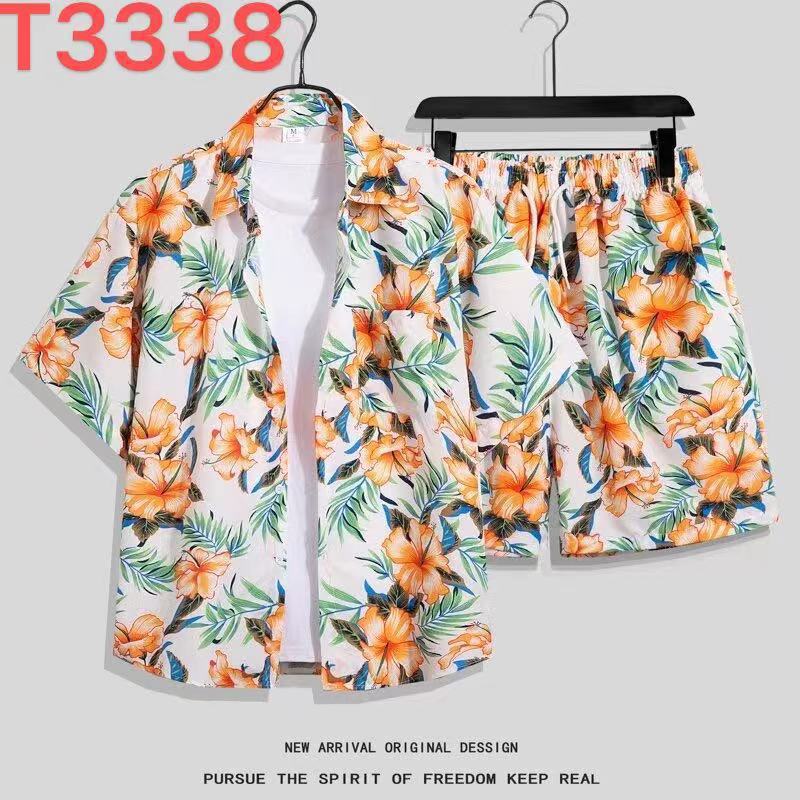 Hawaiian Flower Shirt Beach suit Mens Summer Thin Sanya Travel Couples Seaside Vacation Travel Wear T3338 set 