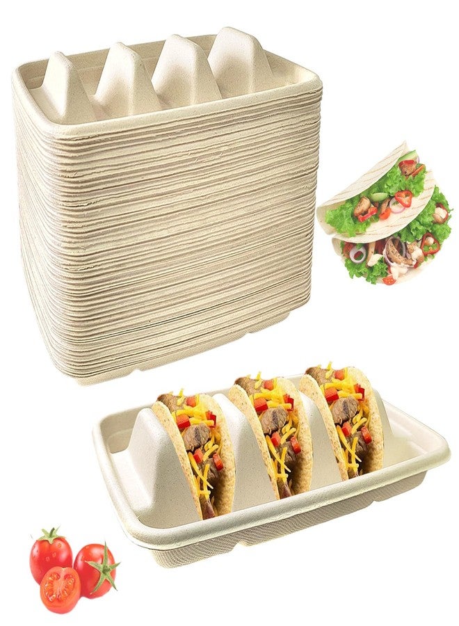 Hlimior 50PCS Disposable Taco Holder for Party，Disposable Taco Plates with 3 Dividers Disposable Taco Holders for Party, Taco Tray Holder, Pulp Fiber Plates Disposable for Taco Tuesday Lazy Susan Taco Bar - Image 1