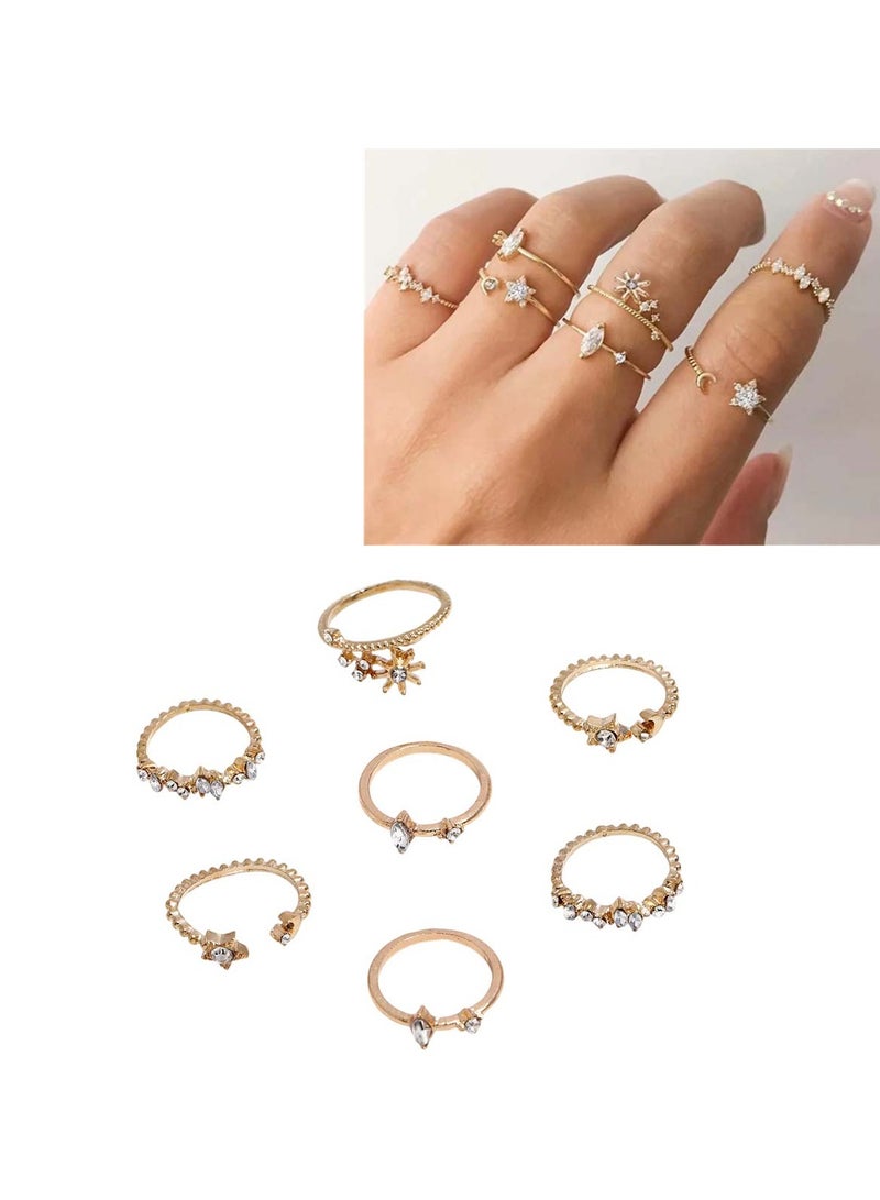 Huitich 7-Piece Gold Colour Plated Star & Crystal Ring Set Elegant & Delicate Fashion Jewelry - Image 1