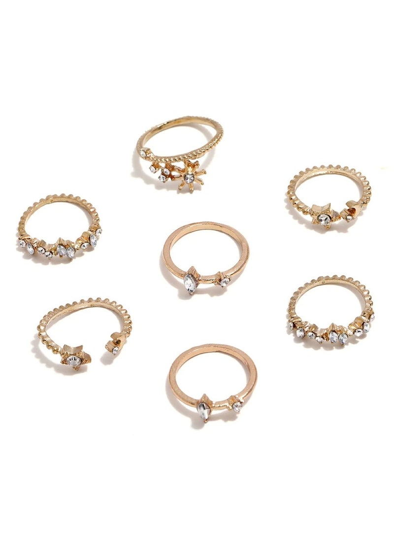 Huitich 7-Piece Gold Colour Plated Star & Crystal Ring Set Elegant & Delicate Fashion Jewelry - Image 2