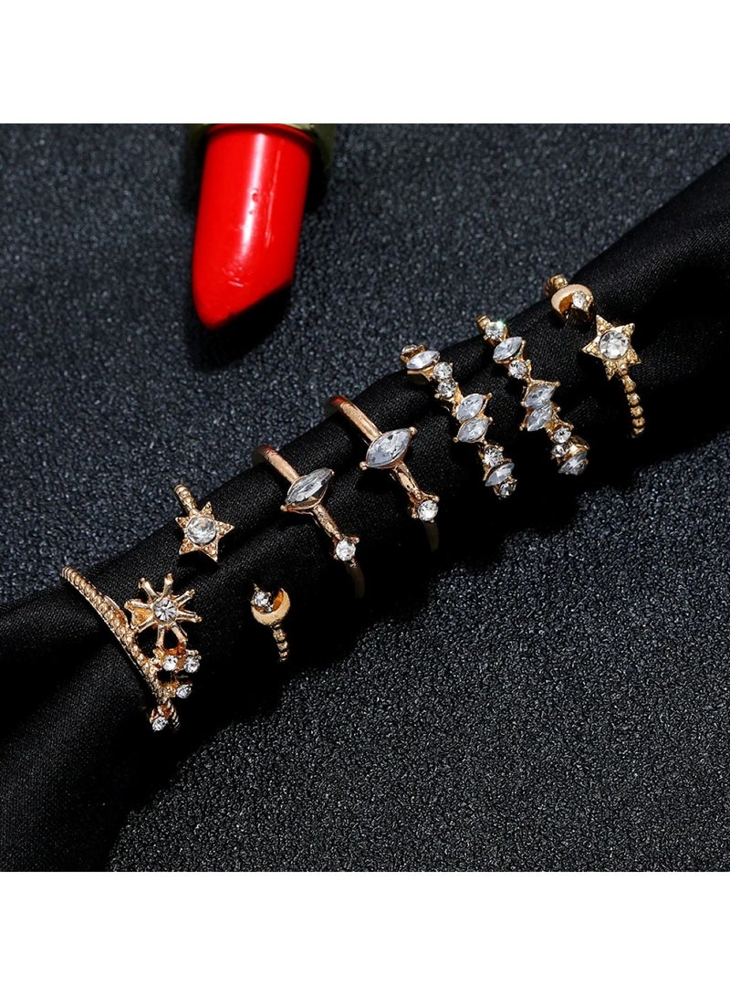 Huitich 7-Piece Gold Colour Plated Star & Crystal Ring Set Elegant & Delicate Fashion Jewelry - Image 3