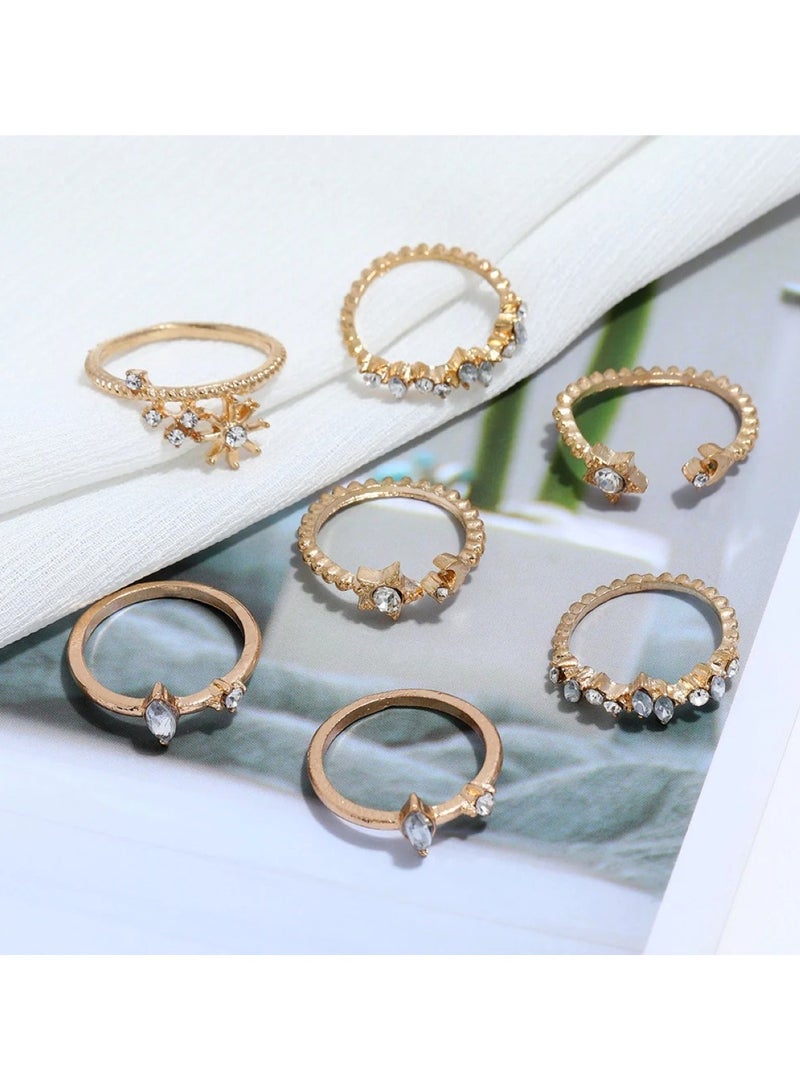 Huitich 7-Piece Gold Colour Plated Star & Crystal Ring Set Elegant & Delicate Fashion Jewelry - Image 4