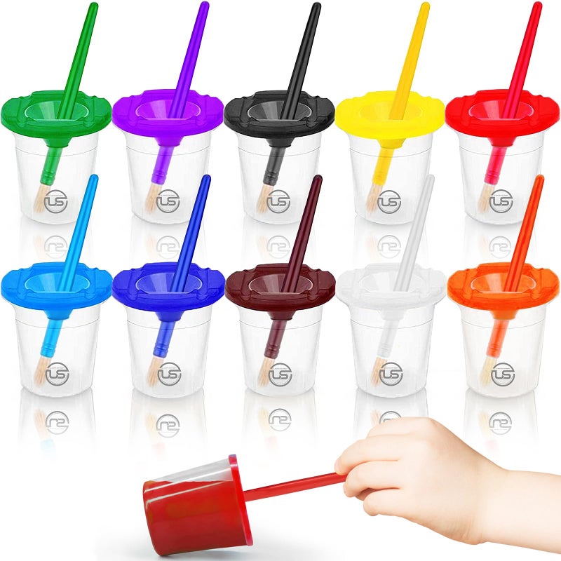 Ultimate Stationery Paint Cups with Lids for Kids – 10 Paint Containers with Lids, 10 Toddler Paints Brushes – Toddler Art Supplies No Spill Painting Cups - Image 1