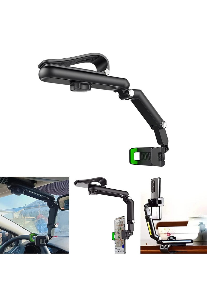 Car Phone Holder Mount Multifunctional Cell Phone Stand HIYITKS Universal Adjustable Arm Cradles Car Holder Mount Phone Car Clip Mount for Sun Visor Rearview Mirror Steering Wheel (Green) - Image 1