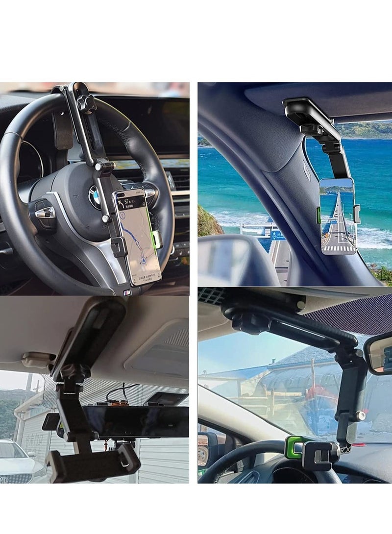 Car Phone Holder Mount Multifunctional Cell Phone Stand HIYITKS Universal Adjustable Arm Cradles Car Holder Mount Phone Car Clip Mount for Sun Visor Rearview Mirror Steering Wheel (Green) - Image 2