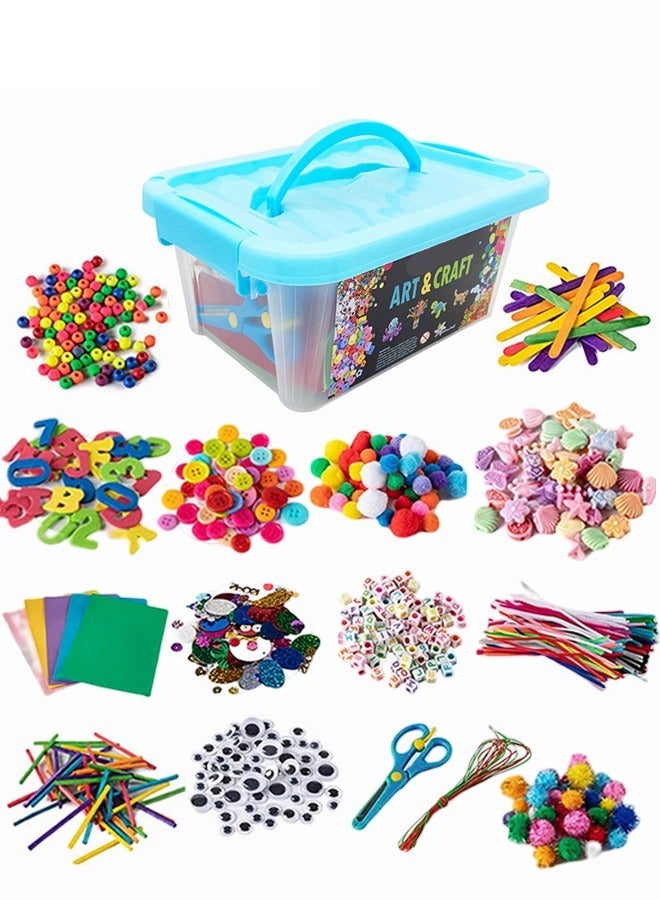 MIXDE 800+ PCS Handmade DIY Arts and Crafts Supplies Kit with Storage Box Material Set with EVA Letter Stars Sticker Feather Ice Cream Sticks on Hair Ball Crafts Accessories Kits Sets For Kids Education - Image 1