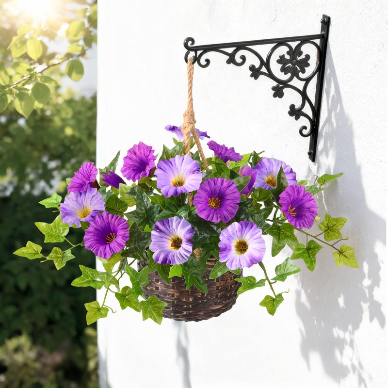 ZFProcess 2 Set Artificial Outdoor Flowers with Hanging Basket, 2 Hanging Planters Faux Silk Morning Glory Flowers for Spring Summer Front Porch Garden Patio Home Decor(Light Purple Red) - Image 3