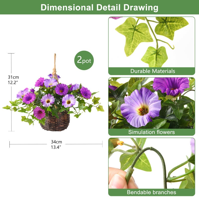 ZFProcess 2 Set Artificial Outdoor Flowers with Hanging Basket, 2 Hanging Planters Faux Silk Morning Glory Flowers for Spring Summer Front Porch Garden Patio Home Decor(Light Purple Red) - Image 2