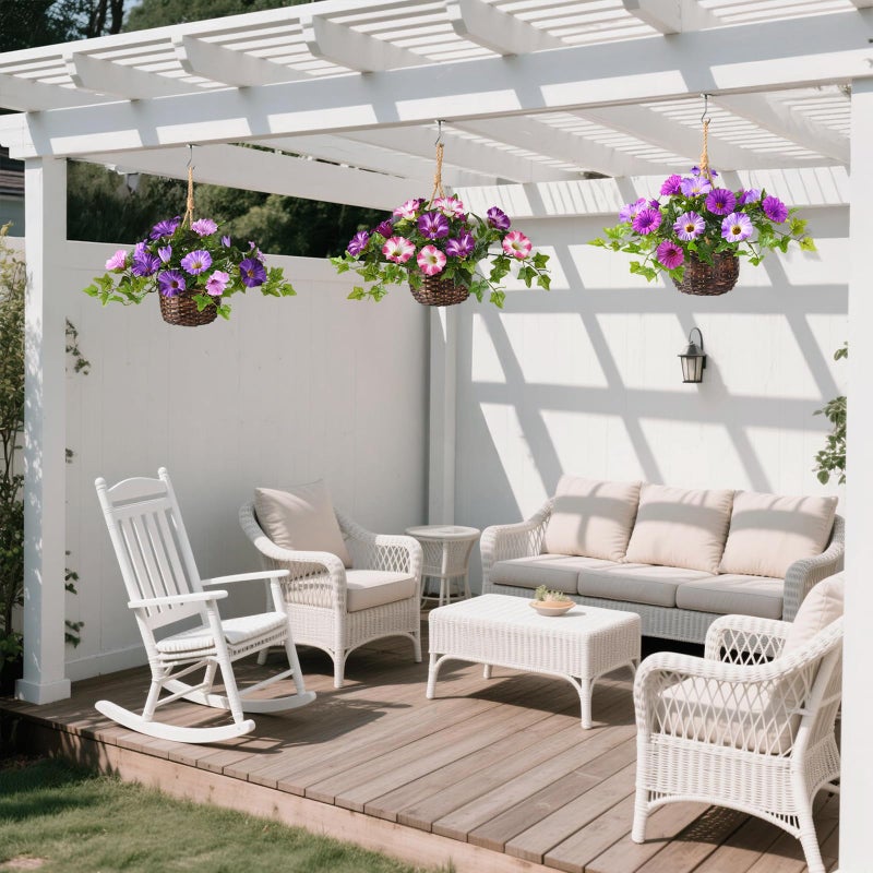 ZFProcess 2 Set Artificial Outdoor Flowers with Hanging Basket, 2 Hanging Planters Faux Silk Morning Glory Flowers for Spring Summer Front Porch Garden Patio Home Decor(Light Purple Red) - Image 5