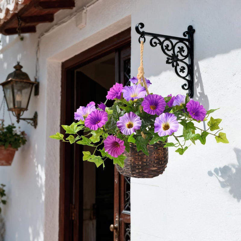 ZFProcess 2 Set Artificial Outdoor Flowers with Hanging Basket, 2 Hanging Planters Faux Silk Morning Glory Flowers for Spring Summer Front Porch Garden Patio Home Decor(Light Purple Red) - Image 4