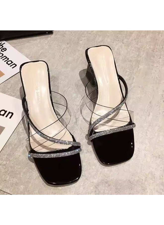 Rup Art Women’s Transparent Thick Heel Slippers – Fashion Square Toe Open Back Half Slippers – Casual Outdoor Slide-On Mules  - Image 2