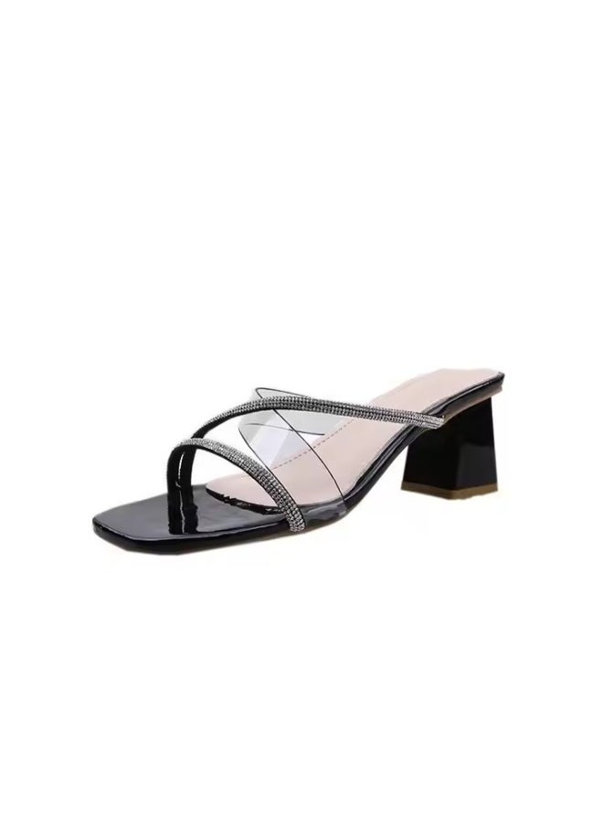 Rup Art Women’s Transparent Thick Heel Slippers – Fashion Square Toe Open Back Half Slippers – Casual Outdoor Slide-On Mules  - Image 1